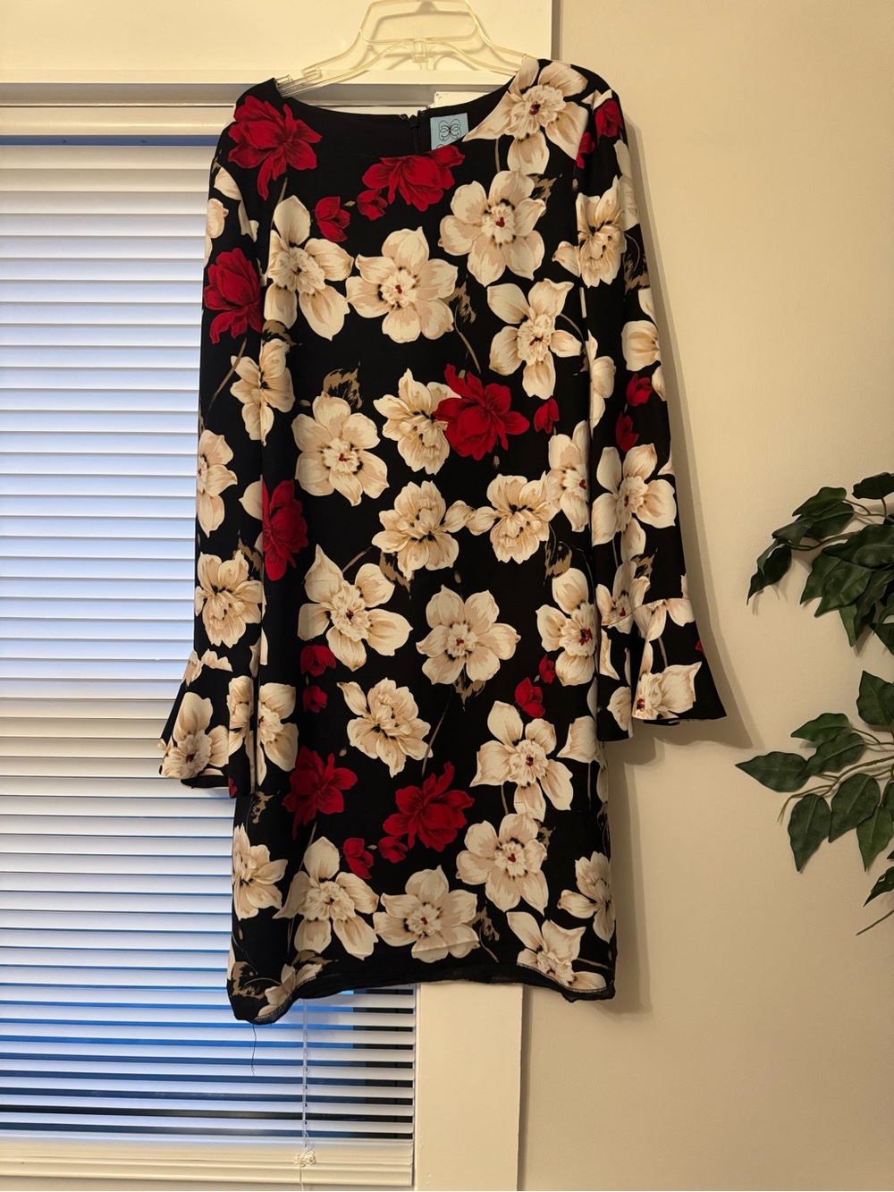 CeCe Black Shift Dress with Cream & Red Floral Print
